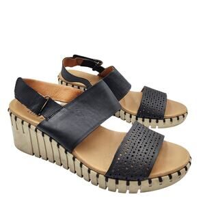 Skechers Luxe Foam Pier Ave Black Leather Wedge Slingback Sandals Women's Size 8